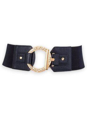 Nine West Black Black 3” Elastic With Gold Rhinestone Round Buckle L / LX